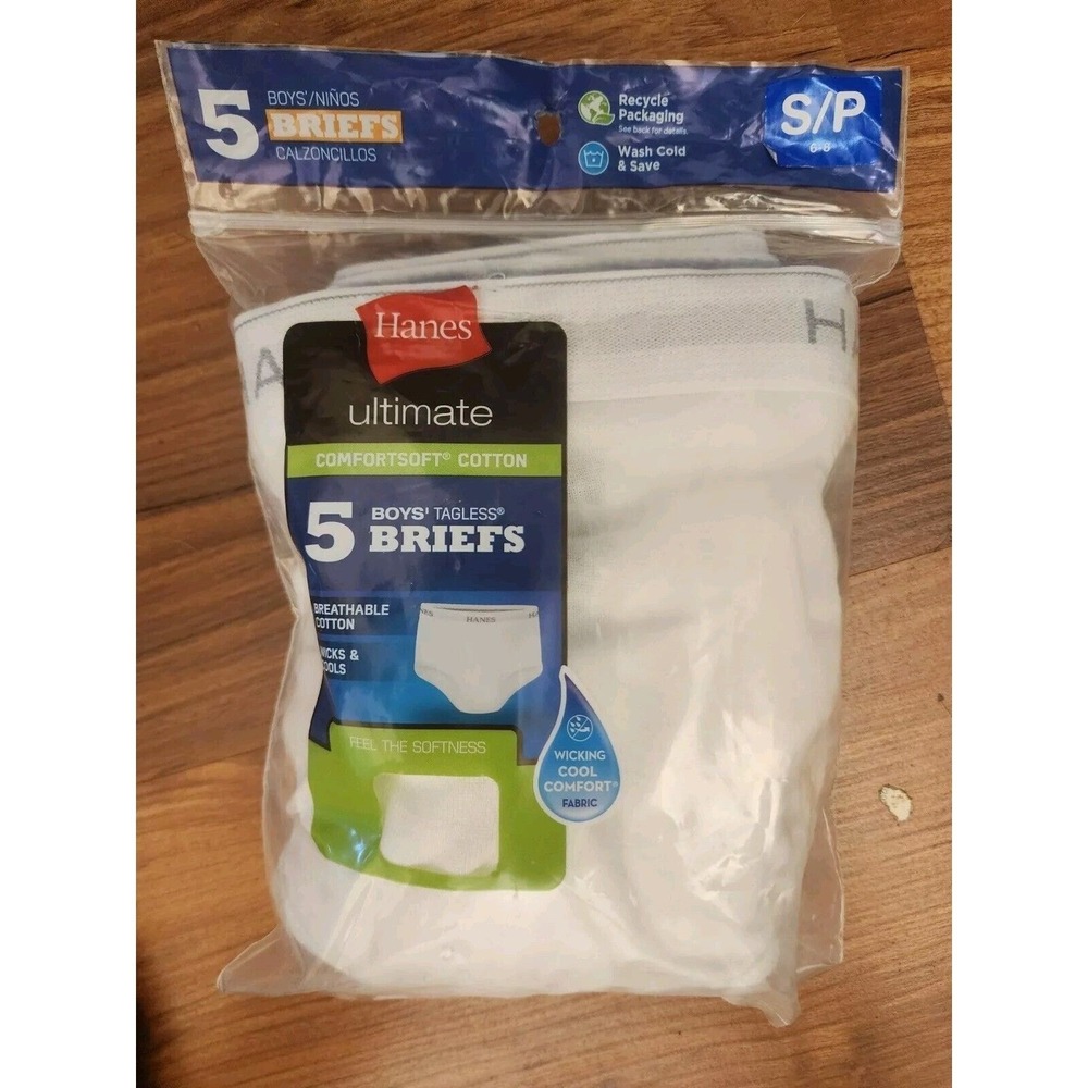 Hanes 6 Pack Boys Cotton Tagless White Comfort soft Briefs Size Small 6-8